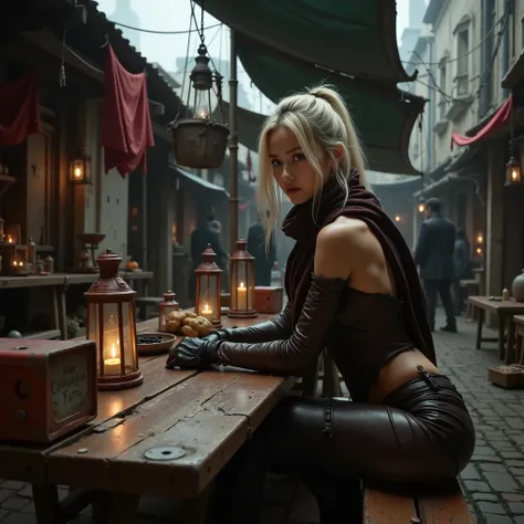 dirty blonde korean woman sitting at dirty post-apocalyptic outdoor market, detailed facial features, pensive expression, tattered clothing, dusty surroundings, crumbling buildings, rusty vendor stalls, cluttered goods, harsh sunlight, muted color palette,...