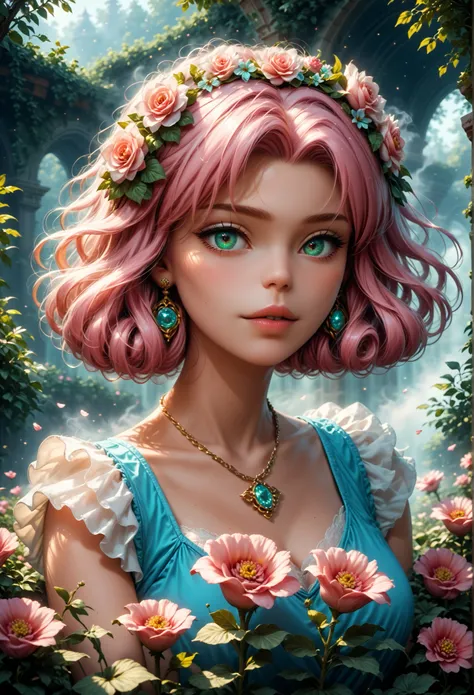 Strange fantasy , Elegant rose , Flower botany , Minimalism with a wave of flowers , garden flowers , floating in foggy pastel pink., aqua green , Pastel apricot , smoke fractal , capricious and very realistic flowers , rendering octane , Josep...
