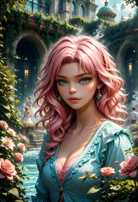 Strange fantasy , Elegant rose , Flower botany , Minimalism with a wave of flowers , garden flowers , floating in foggy pastel pink., aqua green , Pastel apricot , smoke fractal , capricious and very realistic flowers , rendering octane , Josep...