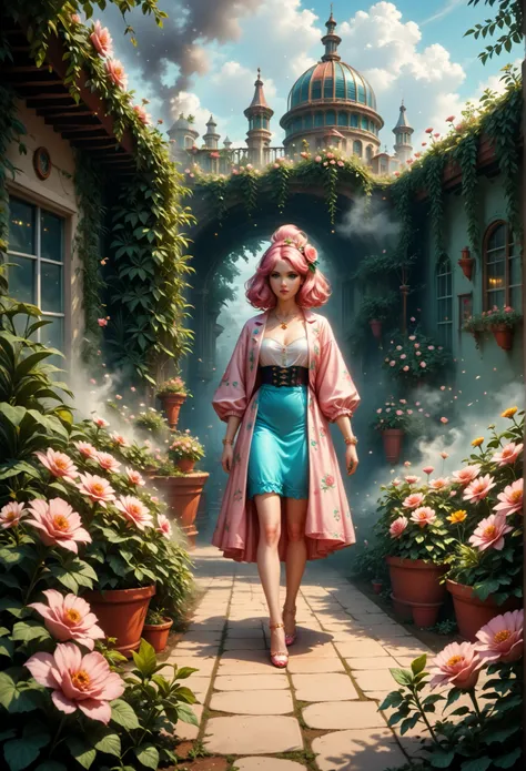 Strange fantasy , Elegant rose , Flower botany , Minimalism with a wave of flowers , garden flowers , floating in foggy pastel pink., aqua green , Pastel apricot , smoke fractal , capricious and very realistic flowers , rendering octane , Josep...