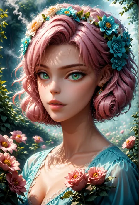 Strange fantasy , Elegant rose , Flower botany , Minimalism with a wave of flowers , garden flowers , floating in foggy pastel pink., aqua green , Pastel apricot , smoke fractal , capricious and very realistic flowers , rendering octane , Josep...