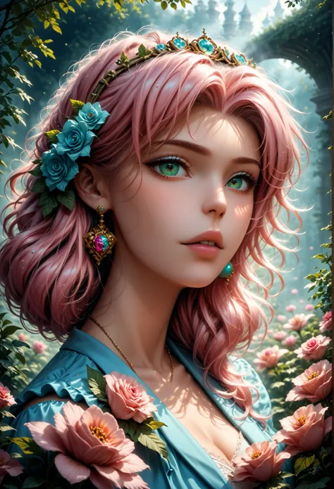 Strange fantasy , Elegant rose , Flower botany , Minimalism with a wave of flowers , garden flowers , floating in foggy pastel pink., aqua green , Pastel apricot , smoke fractal , capricious and very realistic flowers , rendering octane , Josep...