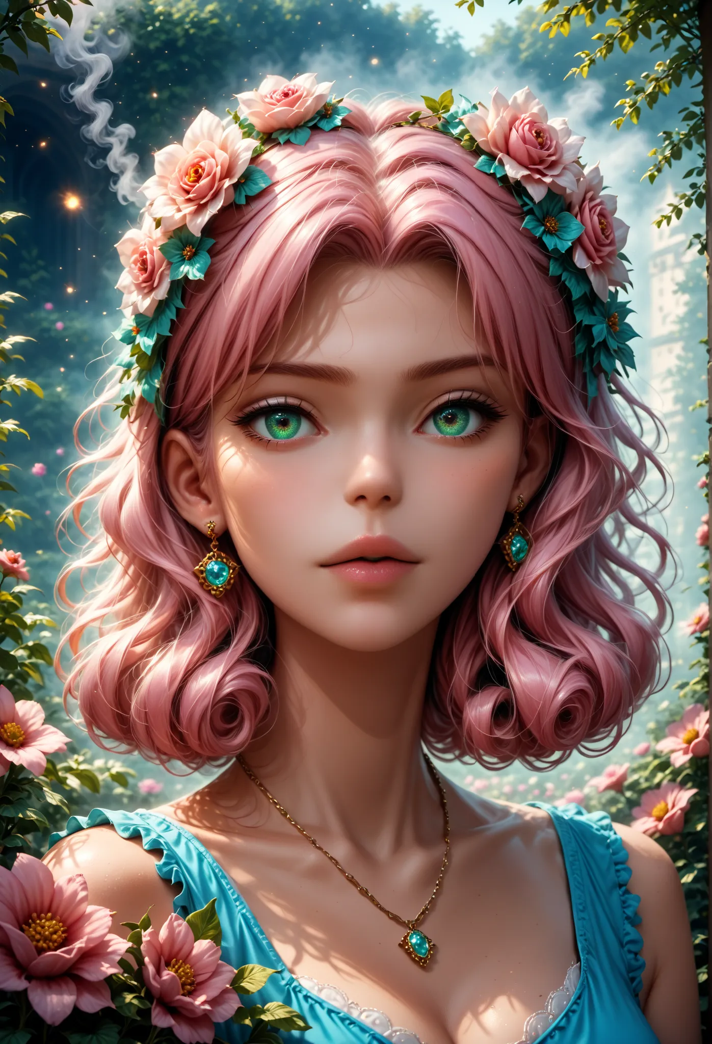 Strange fantasy , Elegant rose , Flower botany , Minimalism with a wave of flowers , garden flowers , floating in foggy pastel pink., aqua green , Pastel apricot , smoke fractal , capricious and very realistic flowers , rendering octane , Josep...
