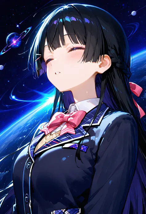 748cmstyle。Tsukino Mito (Nijisanji)。 Cosmic Space。Solar System Confusions。Drifting through the galaxy。close your eyes。front。blazer uniform。arms。Slanted at an angle 。