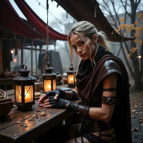Dirty blonde Korean woman Sitting at a dirty post-apocalyptic outdoor market, she wears an intricately detailed old dark brown tattered leather outfit, adorned with a old, textured scarf. Fingerless Gloves complement the look, as they lean over a rustic wo...