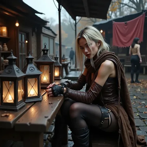 Dirty blonde Korean woman Sitting at a dirty post-apocalyptic outdoor market, she wears an intricately detailed old dark brown tattered leather outfit, adorned with a old, textured scarf. Fingerless Gloves complement the look, as they lean over a rustic wo...