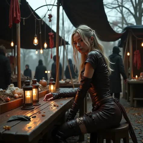 Dirty blonde Korean woman Sitting at a dirty post-apocalyptic outdoor market, she wears an intricately detailed old dark brown tattered leather outfit, adorned with a old, textured scarf. Fingerless Gloves complement the look, as they lean over a rustic wo...