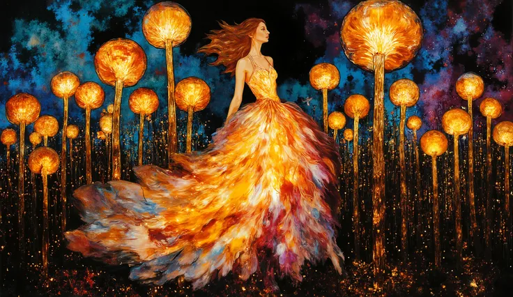 Create a surreal scene of a woman with windswept hair standing in a field of giant, glowing mushrooms under a twilight sky. The mushrooms appear to be growing out of her dress, with their spores swirling around her. The background features a blend of deep ...