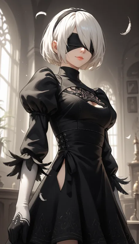score_9, score_8_up , score_7_up , score_6_up , score_5_up , score_4_up , 2BNAXL , blindfold, black blindfold,  hairband , white hair, short hair, medium breasts, clothing cutout, cleavege cutout, black dress, puffy sleeves, feather-trimmed sleeves, black ...