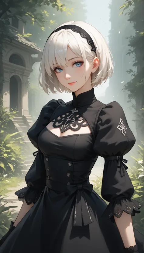 score_9, score_8_up , score_7_up , score_6_up , score_5_up , score_4_up , 2BNAXL , blue eyes,  hairband , white hair, short hair, medium breasts, clothing cutout, cleavege cutout, black dress, puffy sleeves, feather-trimmed sleeves, black gloves, seductive...