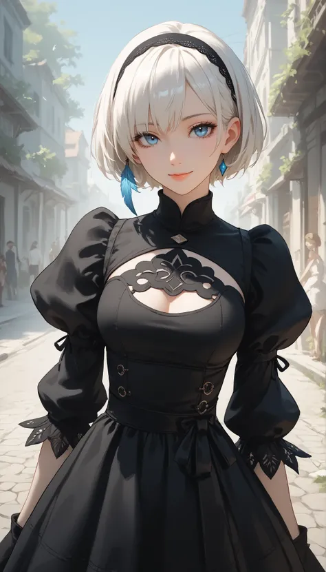 score_9, score_8_up , score_7_up , score_6_up , score_5_up , score_4_up , 2BNAXL , blue eyes,  hairband , white hair, short hair, medium breasts, clothing cutout, cleavege cutout, black dress, puffy sleeves, feather-trimmed sleeves, black gloves, seductive...