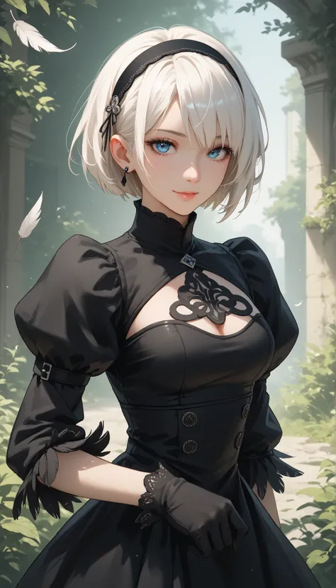 score_9, score_8_up , score_7_up , score_6_up , score_5_up , score_4_up , 2BNAXL , blue eyes,  hairband , white hair, short hair, medium breasts, clothing cutout, cleavege cutout, black dress, puffy sleeves, feather-trimmed sleeves, black gloves, seductive...