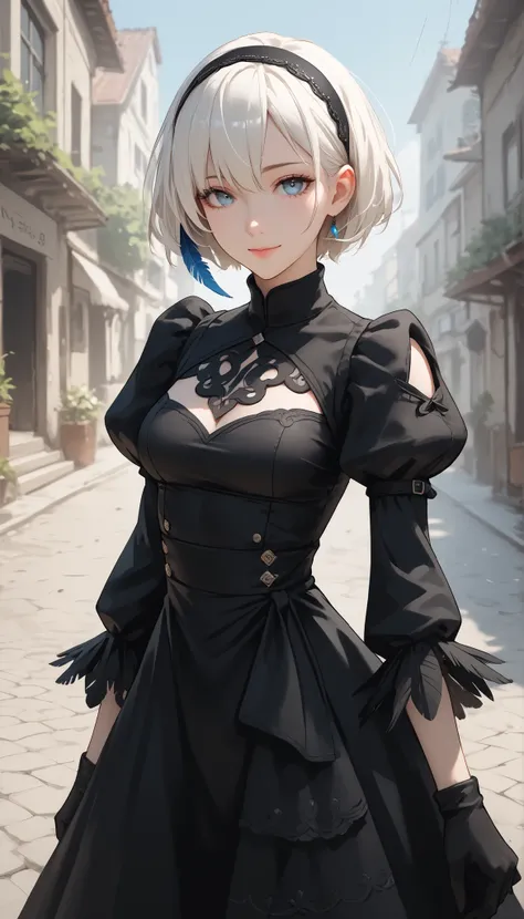 score_9, score_8_up , score_7_up , score_6_up , score_5_up , score_4_up , 2BNAXL , blue eyes,  hairband , white hair, short hair, medium breasts, clothing cutout, cleavege cutout, black dress, puffy sleeves, feather-trimmed sleeves, black gloves, seductive...