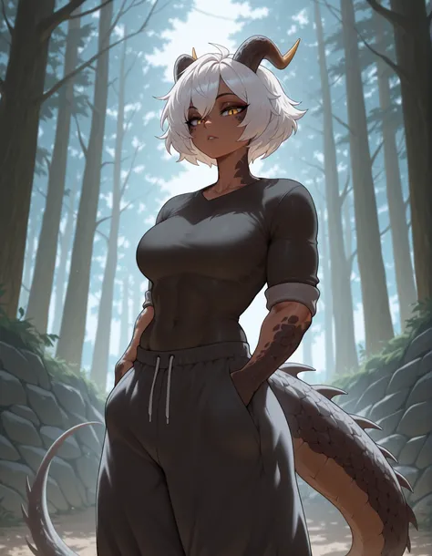 masterpiece, best quality, amazing quality, very aesthetic, absurdres, newest, scenery, extreme detail, 8k, detailed eyes, yellow eyes, by Riolutiny, female, scalie arms and neck, solo, tall, horns, extremely detailed scales, short spiky white hair, short ...