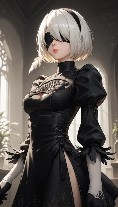 score_9, score_8_up , score_7_up , score_6_up , score_5_up , score_4_up , 2BNAXL , blindfold, black blindfold,  hairband , white hair, short hair, medium breasts, clothing cutout, cleavege cutout, black dress, puffy sleeves, feather-trimmed sleeves, black ...