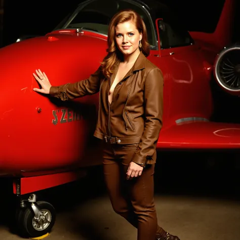 Amy　Adams　perm bob short hair　Amy Adams photographed in front of a red airplane　brown leather jacket　brown leather pants　leather boots　full body 夜景　Put your hand on the plane