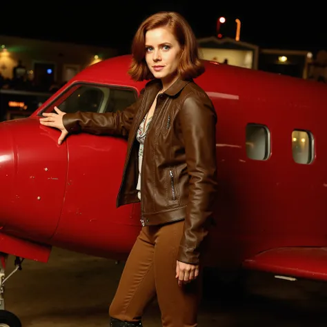 Amy　Adams　perm bob short hair　Amy Adams photographed in front of a red airplane　brown leather jacket　brown leather pants　leather boots　full body 夜景　Put your hand on the plane