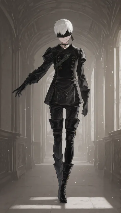 score_9, score_8_up , score_7_up , score_6_up , score_5_up , score_4_up , NAXL , _(nier), blindfold, black blindfold, ((male, 1boy, solo, alone)), white hair, short hair, smile, looking at viewer, indoors 、panoramic, black_gloves, black_outfit, uniform, kn...