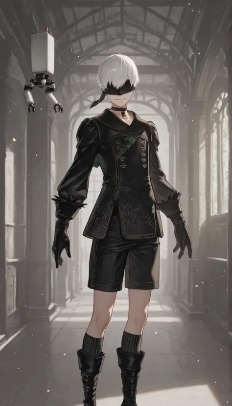 score_9, score_8_up , score_7_up , score_6_up , score_5_up , score_4_up , NAXL , _(nier), blindfold, black blindfold, ((male, 1boy, solo, alone)), white hair, short hair, smile, looking at viewer, indoors 、panoramic, black_gloves, black_outfit, uniform, kn...