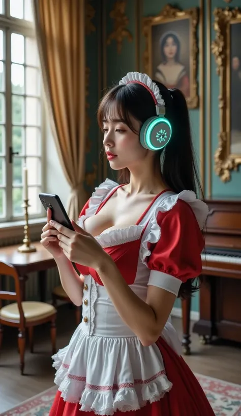 ultra-realistic, photorealistic, dramatic scene, documentary photo, shadow, very beautiful Japanese girl\( traditional maid, fragile woman, very beautiful but boyish cool face, wearing a gorgeously decorated maid costume made with elegant lace frills, twintails, neon glowing large headphones, futuristic large headphones, large breasts\), she is standing at the antique room in the European old castle, holding her smartphone to listen music, gorgeously decorated furnishings in the antique room, beautiful artistic window with curtain, antique table with chair, candle stand, piano, old picture on the wall, 