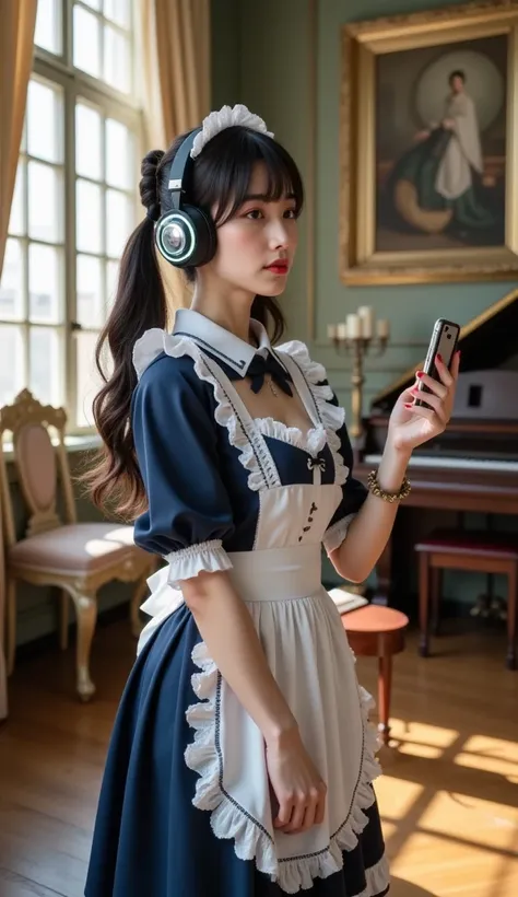 ultra-realistic, photorealistic, dramatic scene, documentary photo, shadow, very beautiful Japanese girl\( traditional maid, fragile woman, very beautiful but boyish cool face, wearing a gorgeously decorated maid costume made with elegant lace frills, twintails, neon glowing large headphones, futuristic large headphones, large breasts, gentle smile\), she is standing at the antique room in the European old castle, holding her smartphone to listen music, gorgeously decorated furnishings in the antique room, beautiful artistic window with curtain, antique table with chair, candle stand, piano, old picture on the wall, 