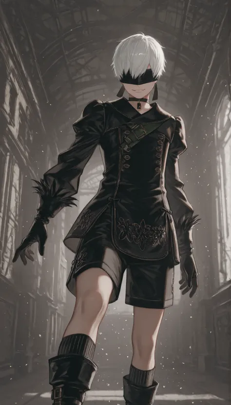 score_9, score_8_up , score_7_up , score_6_up , score_5_up , score_4_up , NAXL , _(nier), blindfold, black blindfold, ((male, 1boy, solo, alone)), white hair, short hair, smirk, looking at viewer, indoors 、panoramic, black_gloves, black_outfit, uniform, kn...