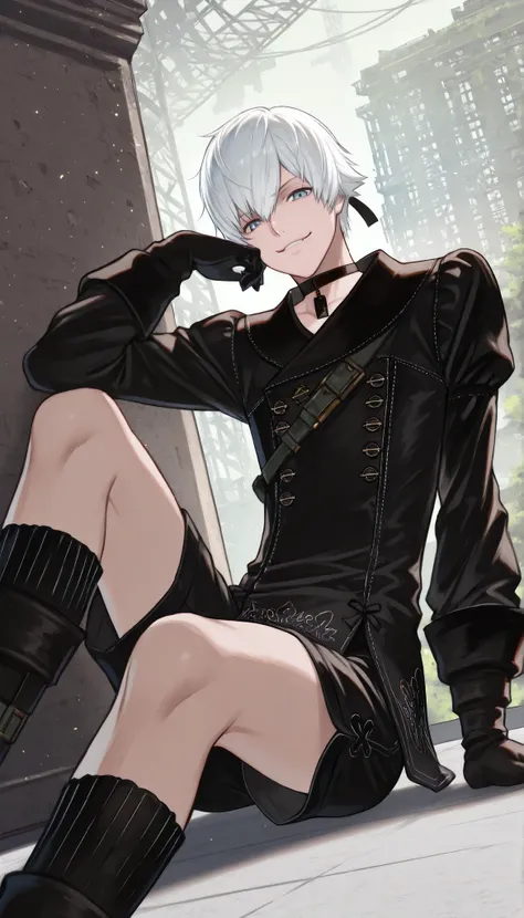 score_9, score_8_up , score_7_up , score_6_up , score_5_up , score_4_up , NAXL , _(nier), blue eyes, handsome, ((male, 1boy, solo, alone)), white hair, short hair, smirk, looking at viewer, indoors 、panoramic, black_gloves, black_outfit, uniform, knee_boot...