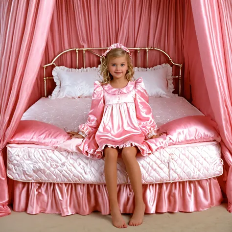 ((A cute girl on the big bed)),((early age girl)),short and tall,detailed baby face,small face, a plump quilted pink silk satin nightgown, long sleeves,frilled sleeves, ,a bed with a mountain of pink silk satin pillows,((pink canopy bed:1.1)),,king size be...