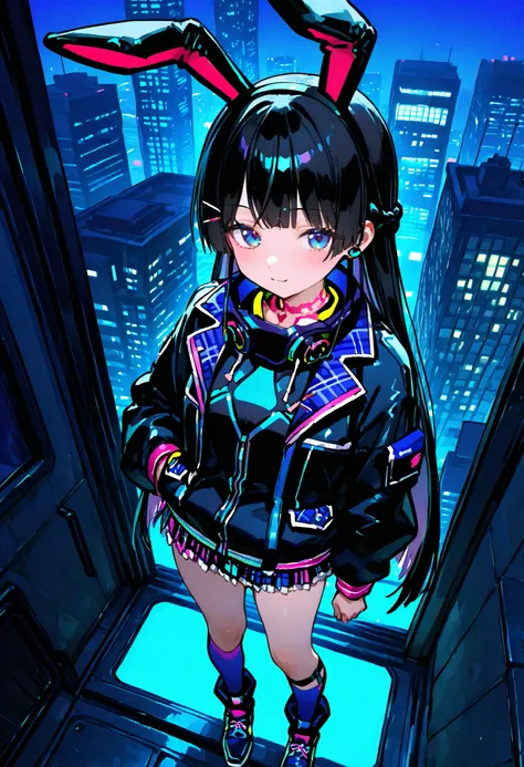 748cmstyle。Tsukino Mito (Nijisanji)、cyberpunk。cyber jacket。Cyber Streets。sideways。Gadgets。headset。antennae rabbit ears。black hair。Neon Skirt。Cyber High Socks。Open Long Jacket。skyscraper。from above