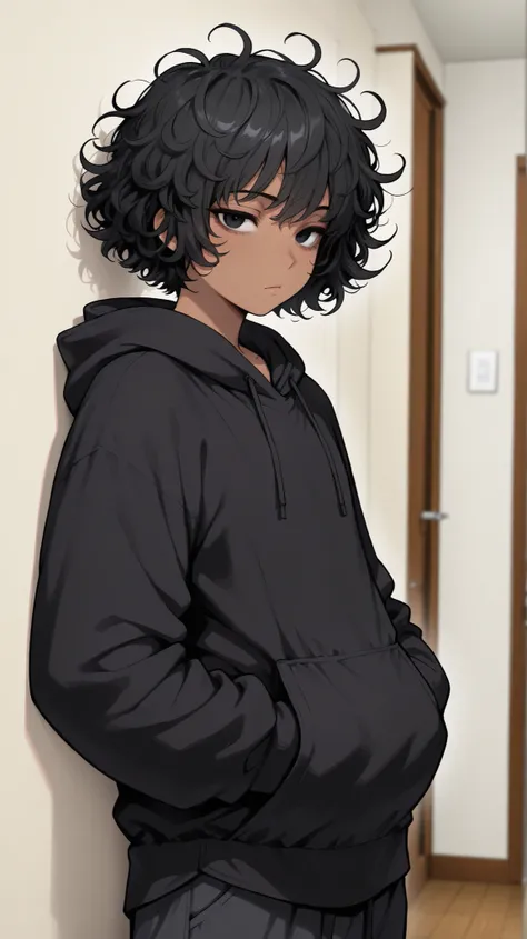 1boy , femboy , Tan skin , messy hair , black hair , black eyes , black hoodie , Big hoodie , bored expression , delicate features High Resolution , Masterpiece , Accurate , Anatomically Correct , (short hair) , looking at Viewer , Curly Hair , Bedroom bac...