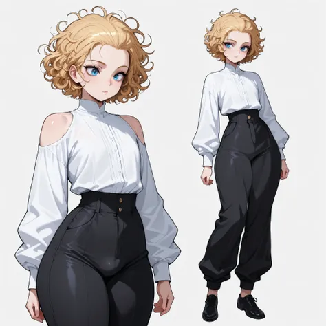 1boy, femboy, blonde Hair, curly hair, blue eyes, thick thighs, small waist, black baggy pants, white shirt, messy hair, curly hair, short hair, hair pulled back, Glossy skin, long sleeves, multiple views, black shoes,  slender shoulders