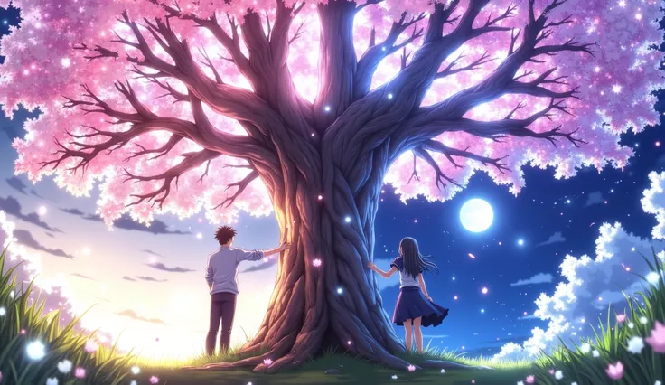 A large, beautiful cherry blossom tree stands at the center of the scene, its branches spreading wide. On either side of the tree stands a Japanese high school student—one boy and one girl—each gently placing one hand on the trunk. The composition is sligh...