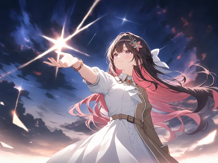 one girl、anime、looking up at the sky、 woman raising one hand to the sky 、  dark sky with thick clouds  、Sunlight shining through dark clouds after heavy rain、composition looking up from below、Azefault、Multicolored Hair、long hair、French Blade、hair ornament、...