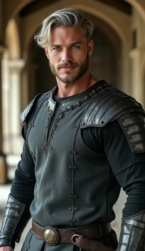 muscular handsome man with wavy silver hair, green eyes, handsome elf, broad shoulders, muscular arms and chest, He wears a charcoal gray medieval long sleeve shirt with shoulder armour and sword belt, sly grin, very handsome, realistic photo, inside a sto...