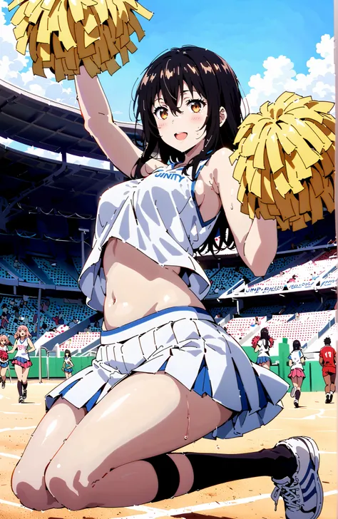 Yukina Himeragi,medium hair, solo,black hair, brown eyes in the bedroom, smile,blush,opens his mouth,Medium breast,(cheerleading), (full body),  on chest, (sweated), sweated Wet Clothes, (white clothes),sleeveless, pleated skirt,black socks,sneakers,belly ...
