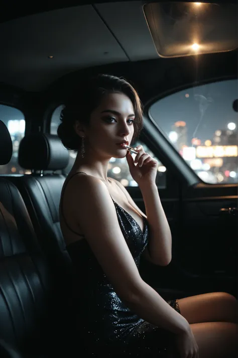 anime-style girls sitting in the back seat of a luxurious white-interior Maybach, wearing elegant short black dresses, smoking cigarettes. The car is bathed in soft pink ambient lighting. Noir aesthetic, moody atmosphere, dramatic shadows, night city visib...