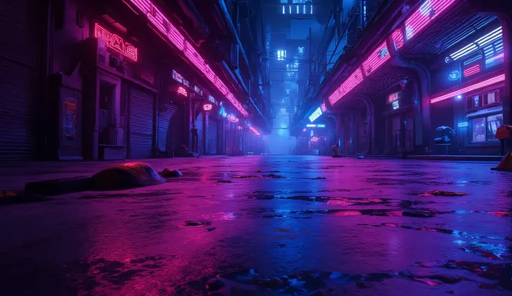Static shot of a neon-lit street in rain, puddles reflecting pink and blue lights, gentle glitch overlay every 15 seconds, seamless loopable.