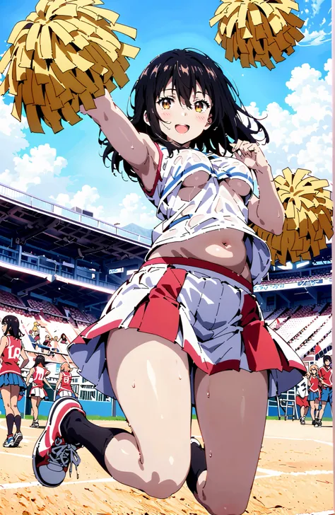 Yukina Himeragi,medium hair, solo,black hair, brown eyes in the bedroom, smile,blush,opens his mouth,Medium breast,(cheerleading), (full body),  on chest, (sweated), sweated Wet Clothes, (white clothes),sleeveless, pleated skirt,black socks,sneakers,belly ...