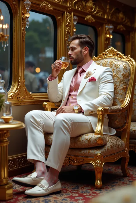 Huge luxury 4x4 air-conditioned, a white man,tanned, 35yo, size of a dwarf (1m50), big & fat, dapper precious white suit in silk & satin , very fine luxurious loafers in white crocodile & diamonds, silk shirt & tie in a pretty pink, spider silk sheer tran...