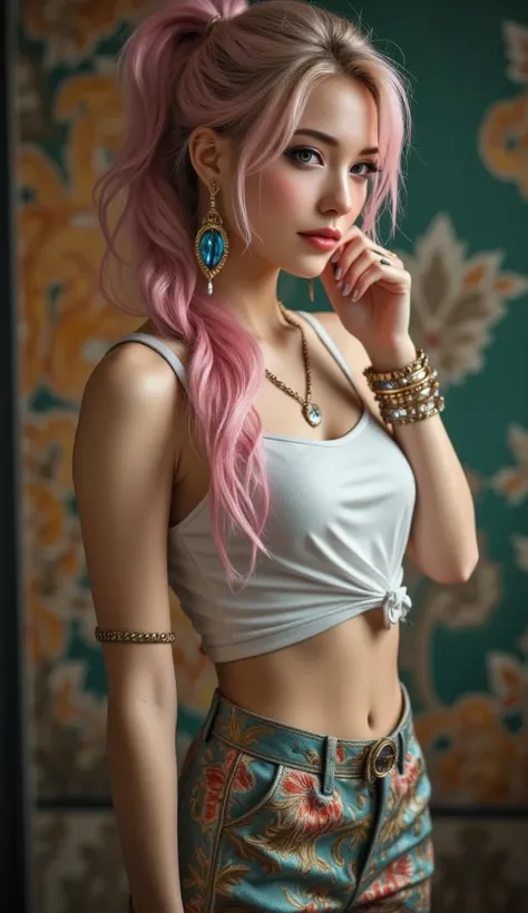  [Style: - "8k, masterpiece, realistic, photorealistic realism, hyper high resolution" - "highest quality, intricate, ultra-detailed digital art, (ultra_detailed, UHD:1.2)"] (Key Directive: - "The priority is the anatomical accuracy and texture of the materials" - "Ultra-sharp human eyes with biological accuracy") available materials [((leather)), ((jewelry)), bracelets, pendants, earrings], I encourage you to draw them at the same time, {Character: "((full body shot:1.3)), [beautiful girl , perfect female skinny body], full bodyesbian, ((Beautiful long legs in good style:1. 25)) aaverage butt: "(firm, protruding buttocks)", (perfect hot model body:1 . 4) (slim belly: 1 . 2) (muscular body) ((firm and full breasts:1.4))]" | Face: "full lips, pink lipstick, intense gaze" | Eyes: - "((sharp focus, no blurry eyes, Hyper absurd quality, Hyper details, Hyper realistic brown eyes:1.3))" - "((extra narrow eyebrows))" - "(Carefully draw Long blue_mascara:1.2)" - "(perfect round eyes)" full bodyesbian, High Contrast, muted colors, long legantasy style)),((no Pantieposing thighs)),(elegant dress style, (long dress), no_panties, curvy), (wraps around the hips:1.35), [black latex:1.21], (white lace: 1.3), long legs ((white, eye-catching, high heels:1.35)), ((Cleo Garter Thigh Highs Fishnet Stockings)), ((long legs)) , ((Long Messy pink Pony with Braid , {"((turning back , back shot:1.4))"} , ((Intricately detailed multi-layer lace corset):1.3), ((green and orange background)), (Rendering engine: "Unreal Engine 5 path tracing, 16K texture maps") | The ultra-Highres,Unreal 5,Subsurface scattering,PBR Texturing,Post-Processing,Anisotropic Filtering,depth of fields,Maximum Sharpness and Sharpness,multi-layered texture,Albedo and Specular maps,Surface Shading,Precise simulation of light-material interactions,perfectly proportions,Octane rendering,Two-tone illumination, Wide Aperture, low ISO, white balance, The rule of thirds