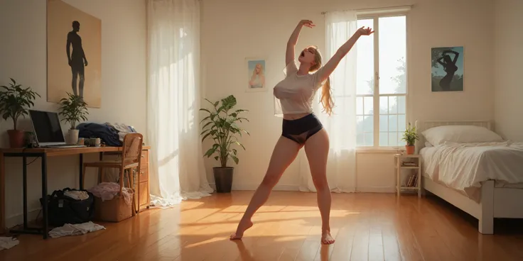 1girl, solo, female pubic hair, pubic hair, see-through silhouette, huge breasts, closed eyes, window, shirt, open mouth, stretching, indoors, covered nipples, ponytail, long hair, arms up, blonde hair, fullbody view