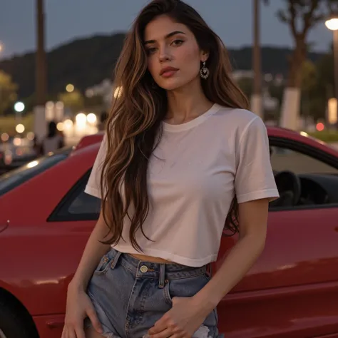 high quality, masterpiece, ultra high definition, (настоящий: 1.4), original photo, (Evening street), 1 girl, black eyes, looking at the audience, long hair,  easy makeup, lips, little ears, white t-shirt, denim shorts, earrings, sitting Ferrari ,,  slim, ...