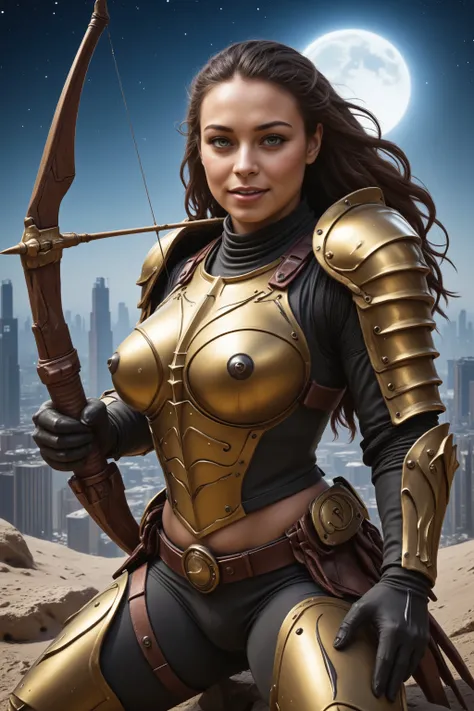 (Masterpiece, award winning, UHD, 16K, HDR, DSLR, photorealistic, very detailed), (Theme of knights of the zodiac, charismatic, there is a girl at the top of the city, wearing a golden gold Sagittarius knight armour, she is a superhero), full body, green e...