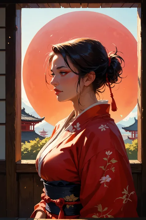 Minimalist sketch Ink Pen Japenese style, A pretty lady wearing samurai set. Stand on deck background a red sun