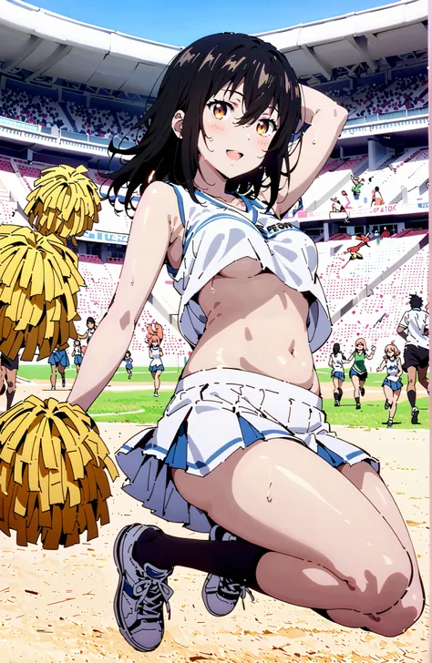 Yukina Himeragi,medium hair, solo,black hair, brown eyes in the bedroom, smile,blush,opens his mouth,Medium breast,(cheerleading), (full body),  on chest, (sweated), sweated Wet Clothes, (white clothes),sleeveless, pleated skirt,black socks,sneakers,belly ...