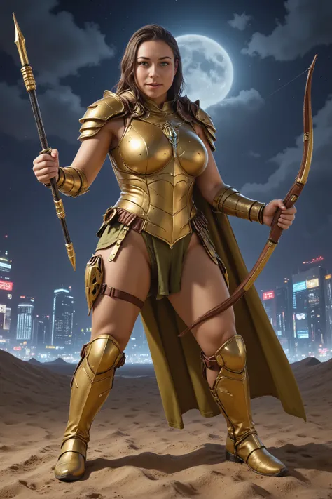 (Masterpiece, award winning, UHD, 16K, HDR, DSLR, photorealistic, very detailed), (Theme of knights of the zodiac, charismatic, there is a girl at the top of the city, wearing a golden gold Sagittarius knight armour, she is a superhero), full body, green e...