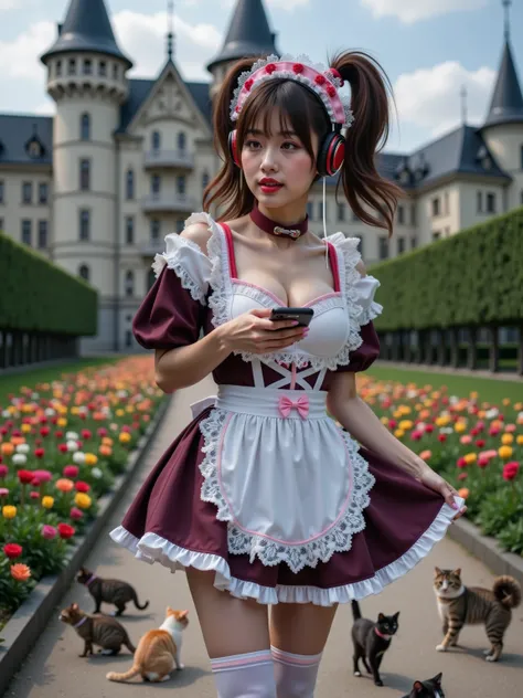 ultra-realistic, photorealistic, dramatic scene, documentary photo, shadow, very beautiful Japanese girl\( traditional maid, fragile woman, very beautiful but boyish cool face, wearing a gorgeously decorated maid costume made with elegant lace frills, twintails, neon glowing large headphones, futuristic large headphones, large breasts, gentle smile\), she is standing in front of the European old castle, holding her smartphone to listen music, in a botanic glower garden, many kind of colorful flowers, surrounded by many cats walking or sleeping, the garden is filled with countless cats,