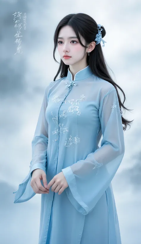 masterpiece, best quality, 1girl, elegant cultivator, wearing a light blue traditional Chinese robe, made of sheer and flowing silk fabric, with delicate cloud and floral patterns embroidered on the collar, cuffs and hem, loose - fitting sleeves, standing ...