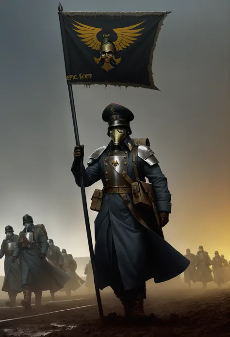 soldier, a long trench coat, helmet, gas mask, death korps, Warhammer, holds the banner, epicity , Blood,  mud, dawn behind, Painting style, драматичность и epicity , Inspiration