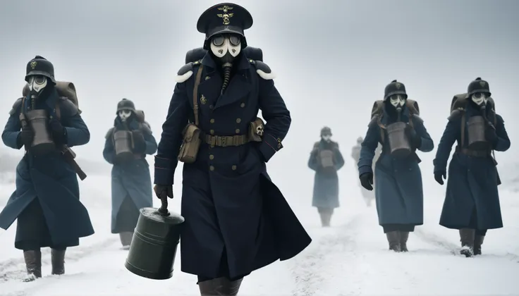 soldier, a long trench coat, helmet, skull gas mask, death korps, Warhammer, Old photo style , trenches , winter 